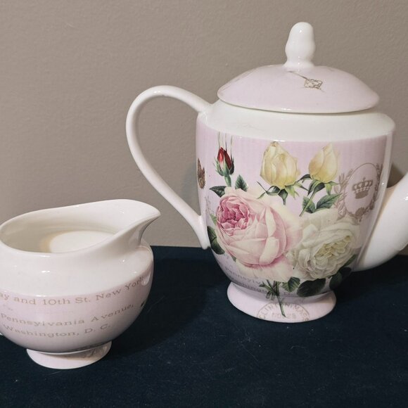 Gracie Stechcol Pink and White Floral Teapot and Creamer - Picture 2 of 8